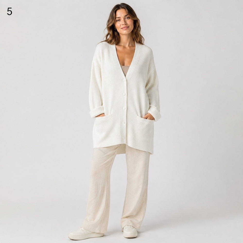 Yarnworks Sweater Cardigan Women Large White Ribbed Acrylic Button Front Pockets